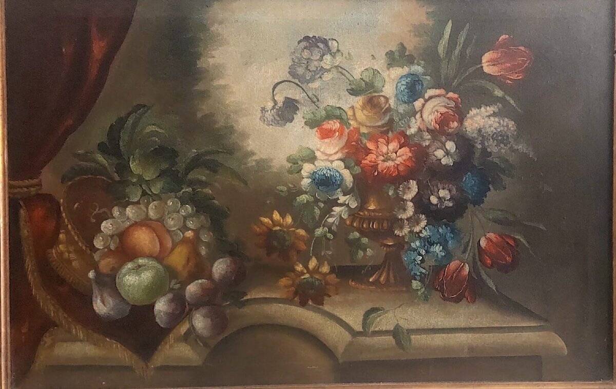 Peinture à l'huile sur toile nature morte aux fleurs, début du XIXe siècle