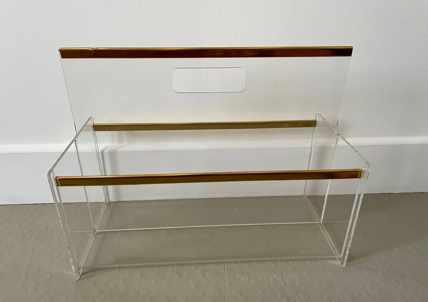 80s Plexiglas and brass magazine rack