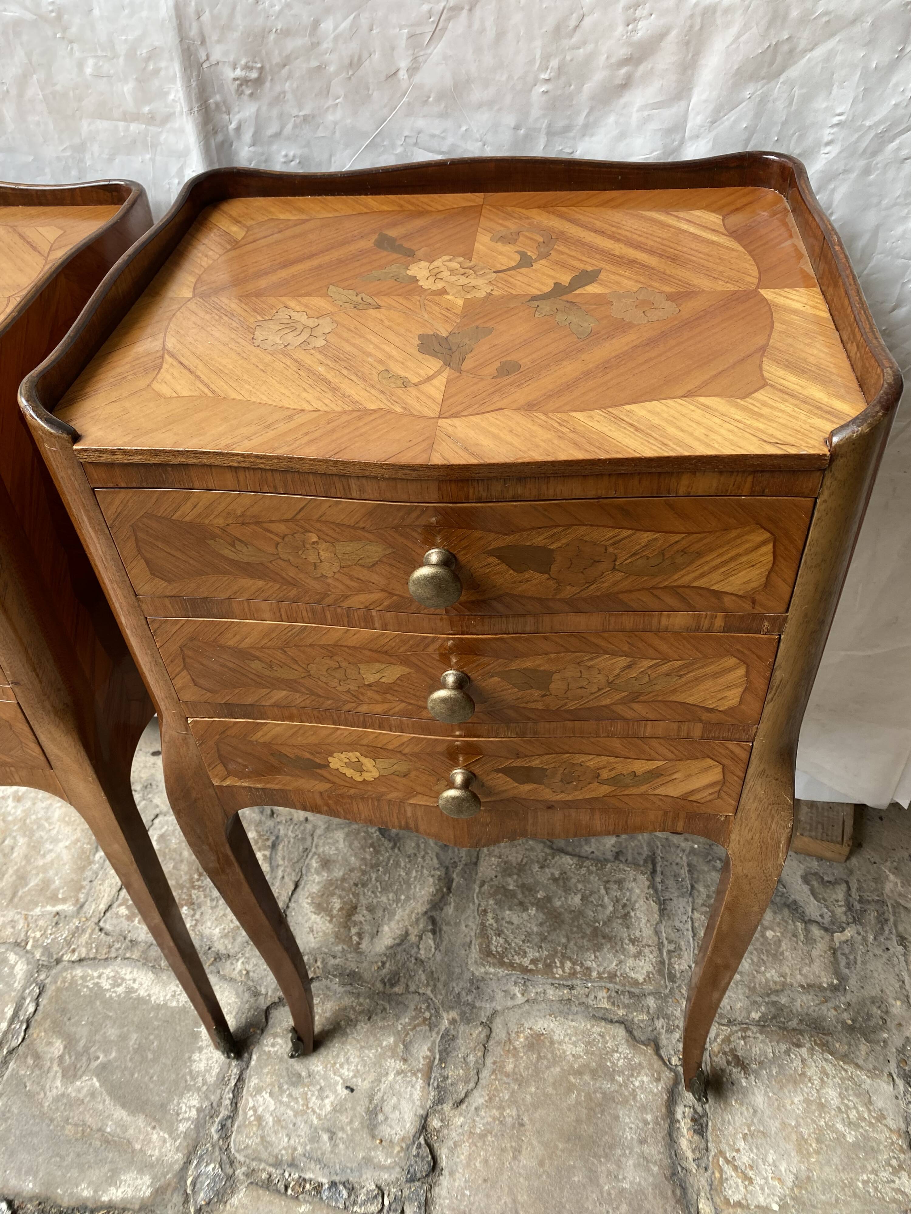 Pair of bedside tables/side tables in Louis XV style marquetry.