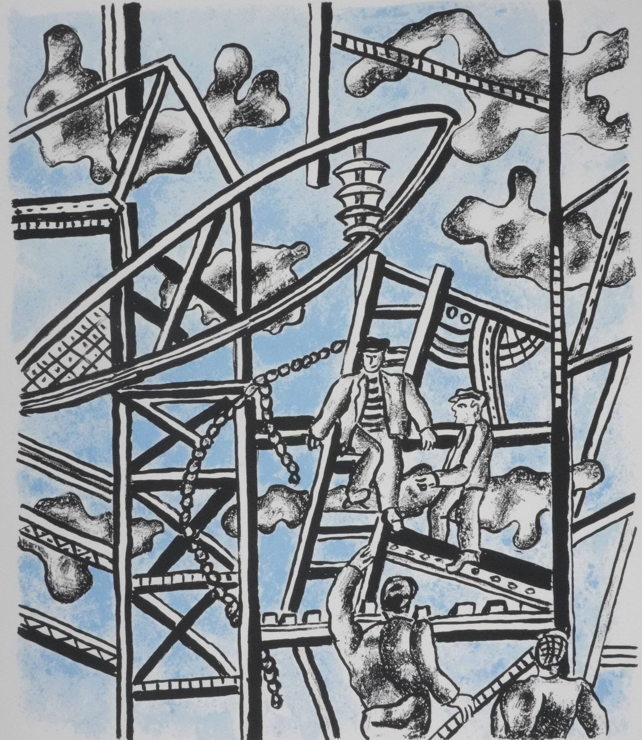 Fernand leger : les constructeurs (bleu), lithographie signée