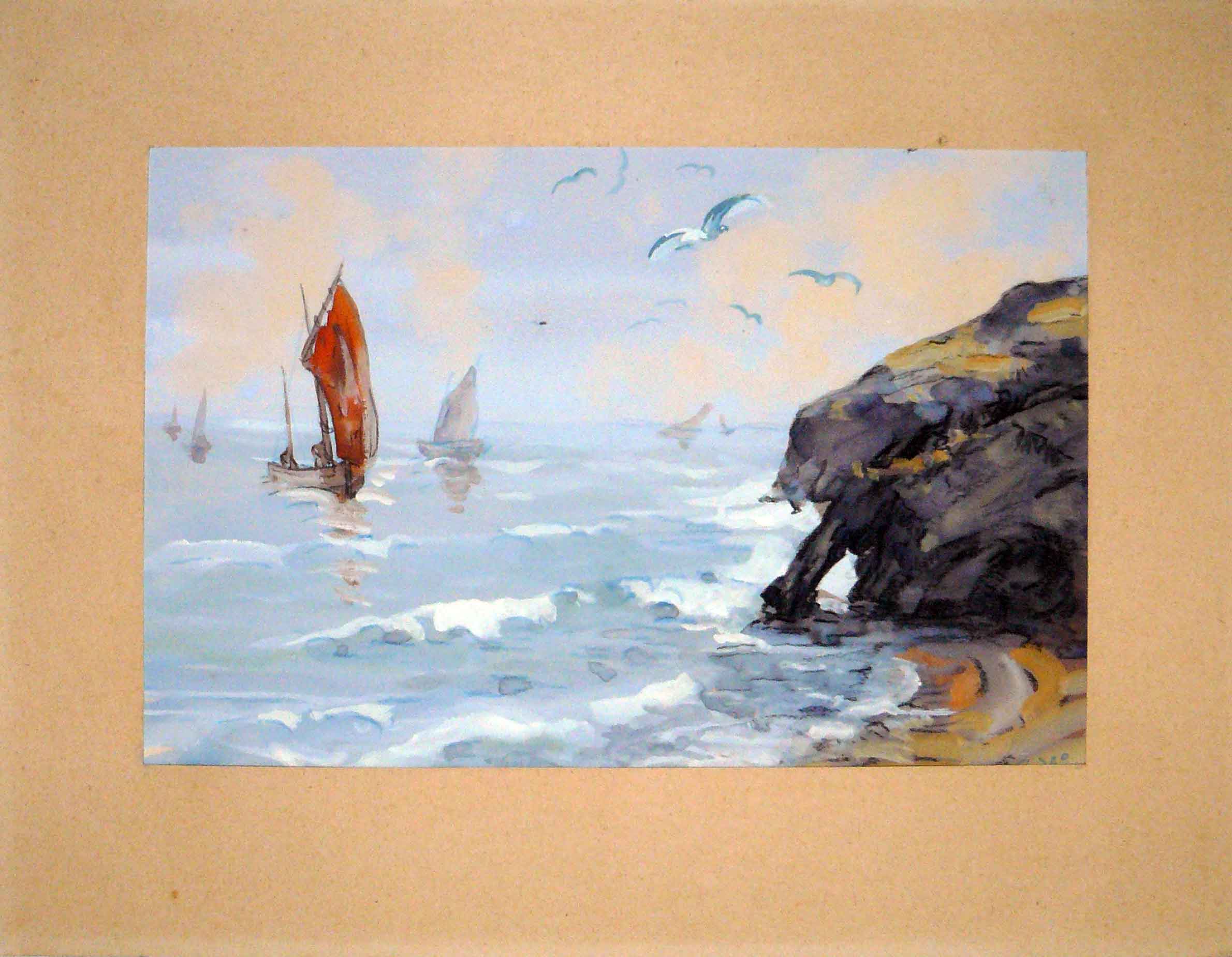 Painting Marine: sailboat, rock and seagulls, signed Padeo