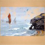 Painting Marine: sailboat, rock and seagulls, signed Padeo