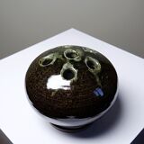 Brown and green glazed stoneware flower holder, vintage craftsmanship from the 1970s-1980s.