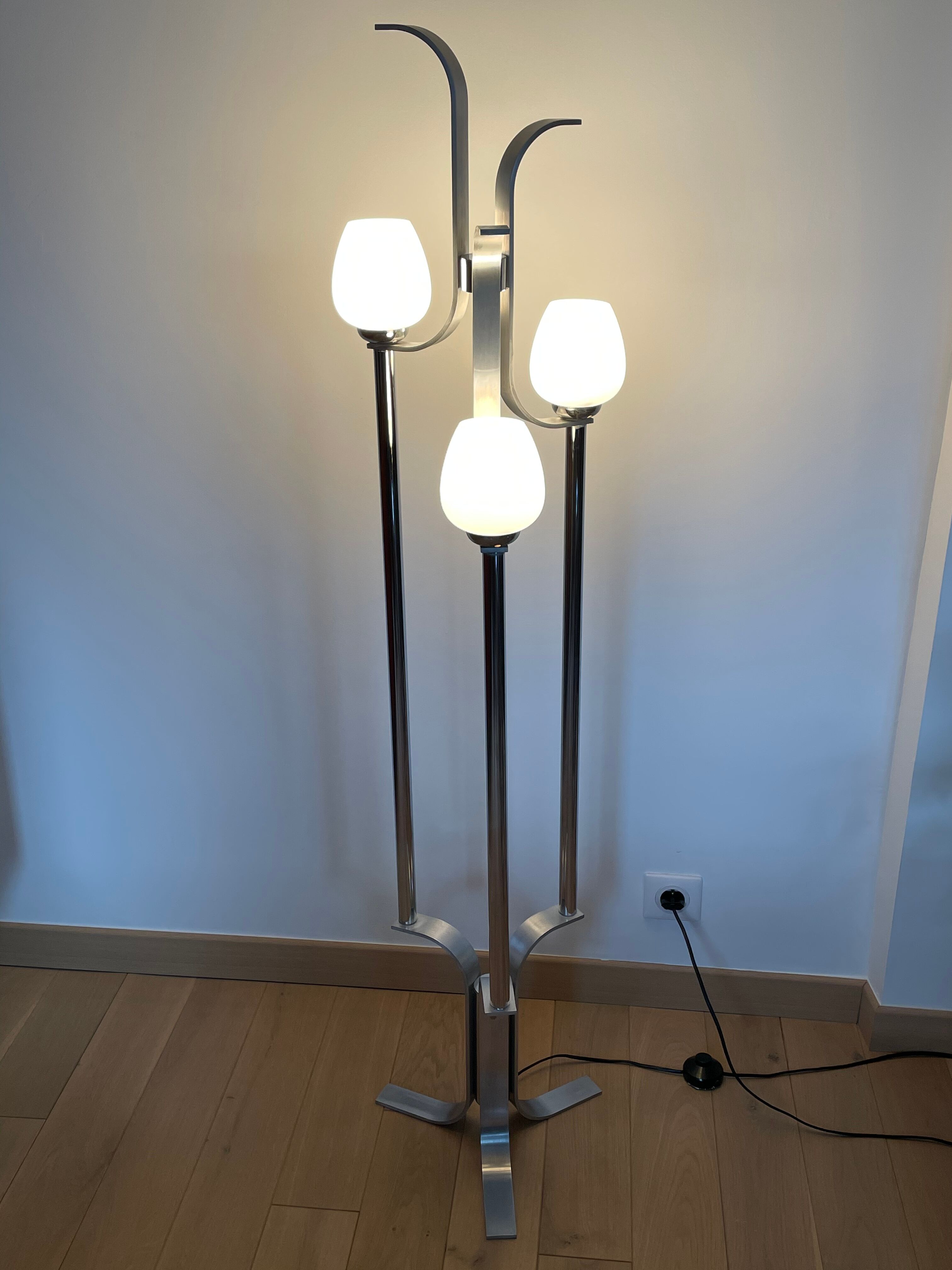 Space age lamp in brushed steel and opalin glass, 1970