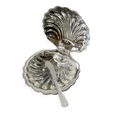 Beurrier coquillage en métal avec coupelle en verre et couteau