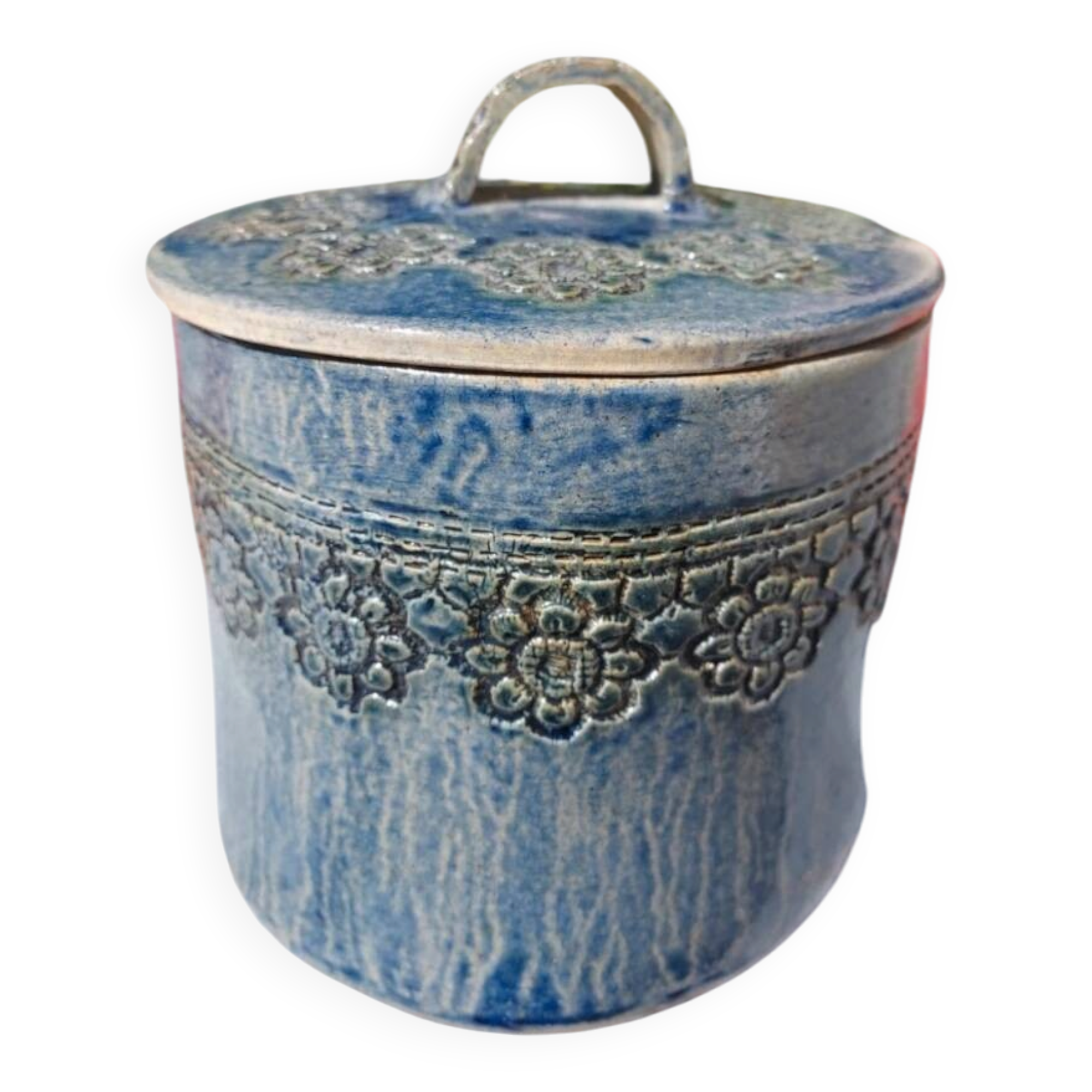 Vintage handmade box in blue glazed stoneware