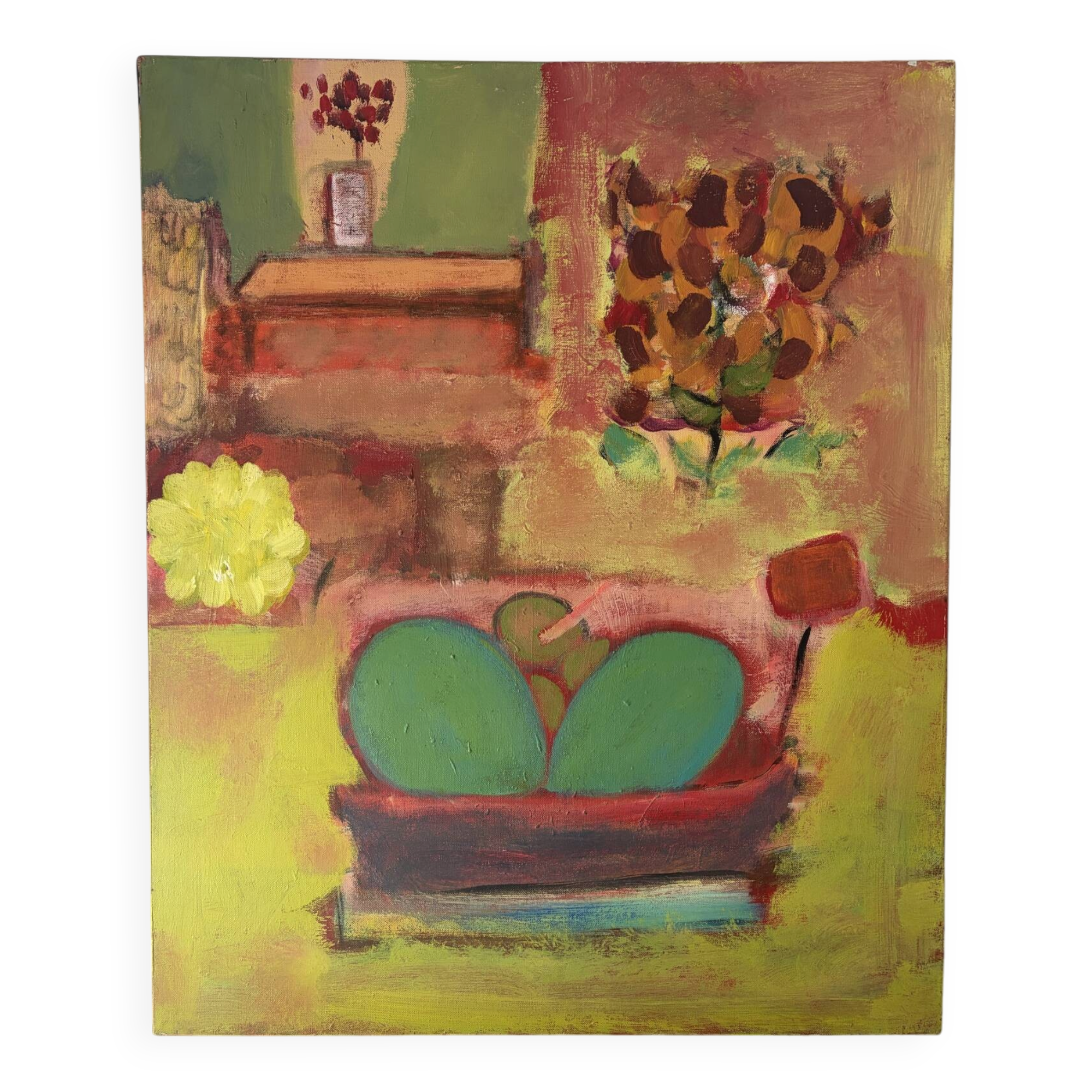 Still life in the living room, oil on canvas signed Banyan.