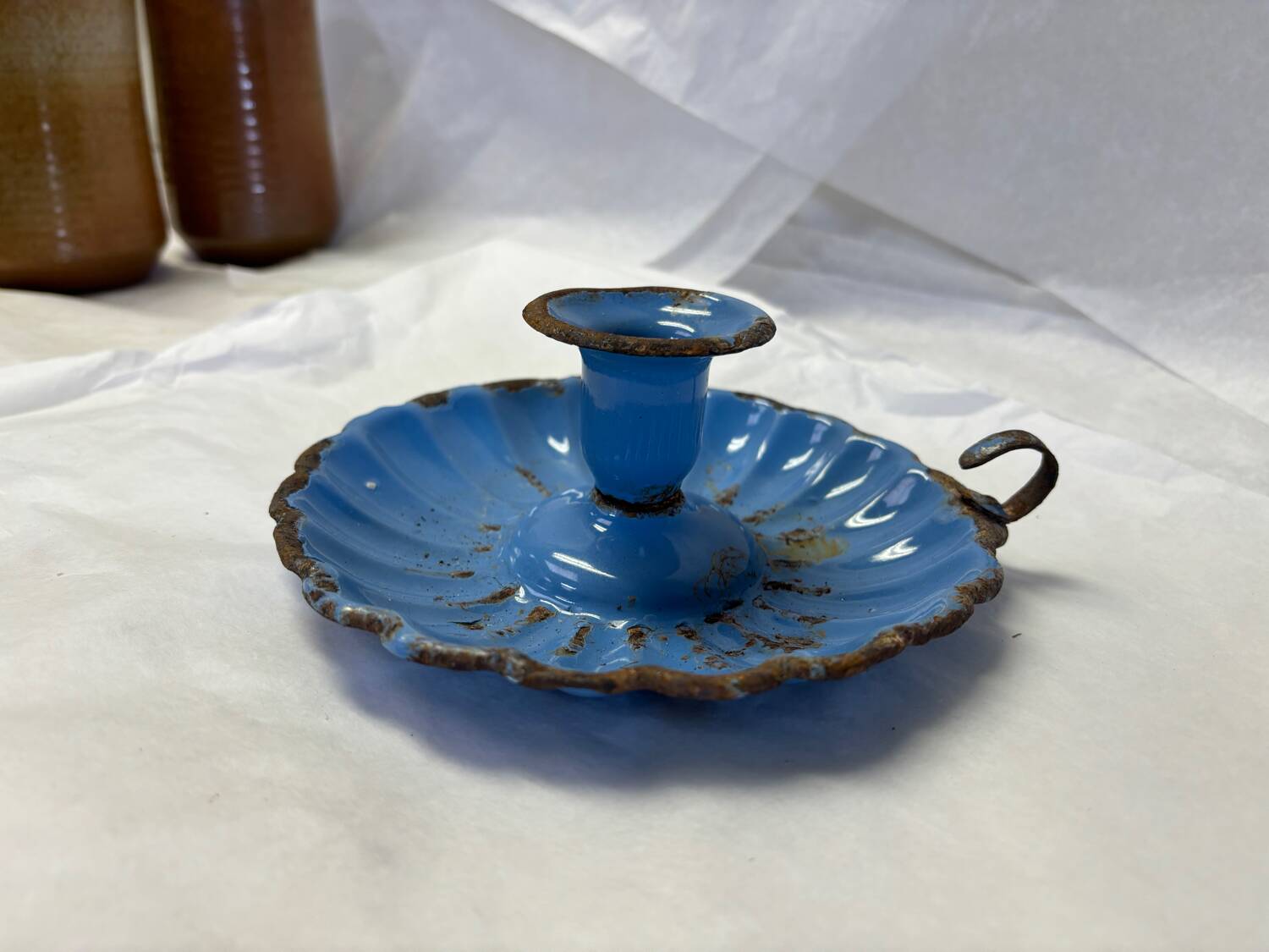 Blue enameled candle holder