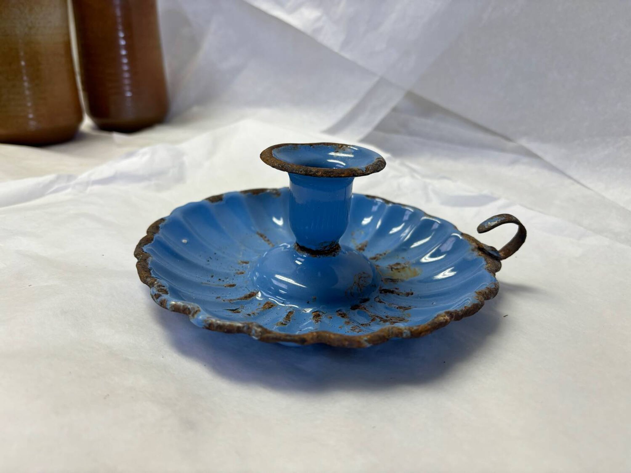 Blue enameled candle holder