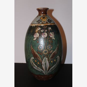 Ovoid vase with flared neck, decorated with flowers signed alfred renoleau