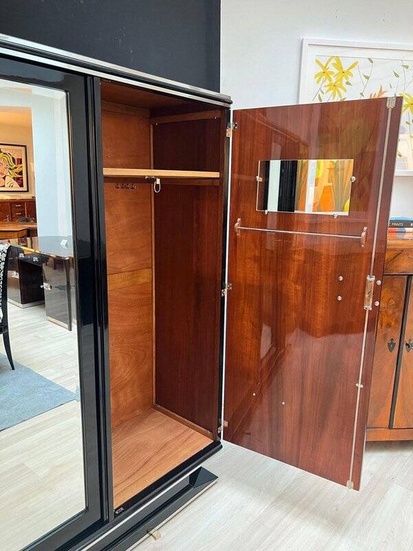 Armoire Art Déco en laque noire, acajou, chrome, France, années 1930