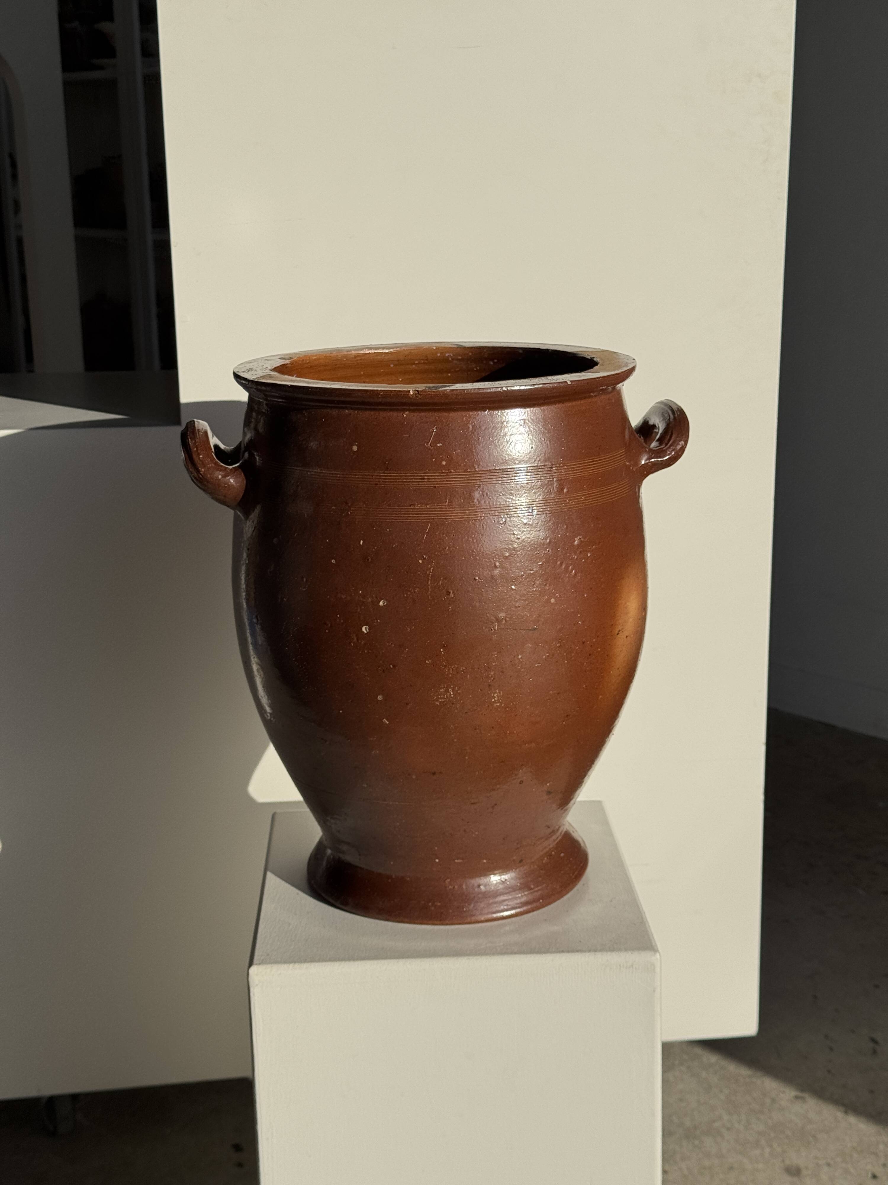 Very large glazed brown terracotta pot with two handles H41 D30