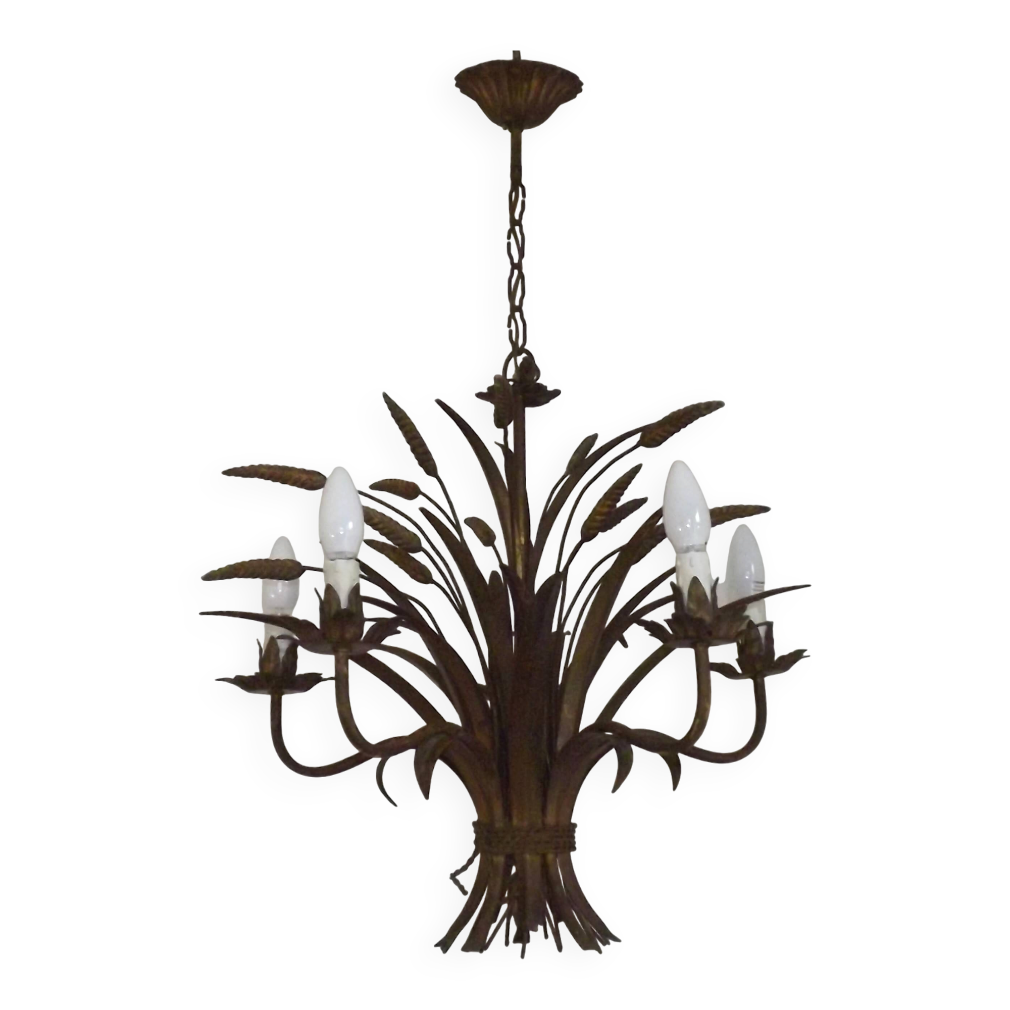 Vintage Hollywood Regency Wheat Sheaf Gold Gilt Metal 5 Light Chandelier