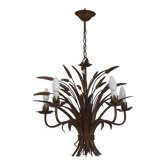 Chandelier vintage Hollywood Regency en métal doré à la feuille de blé à 5 lumières