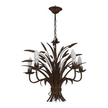 Chandelier vintage Hollywood Regency en métal doré à la feuille de blé à 5 lumières