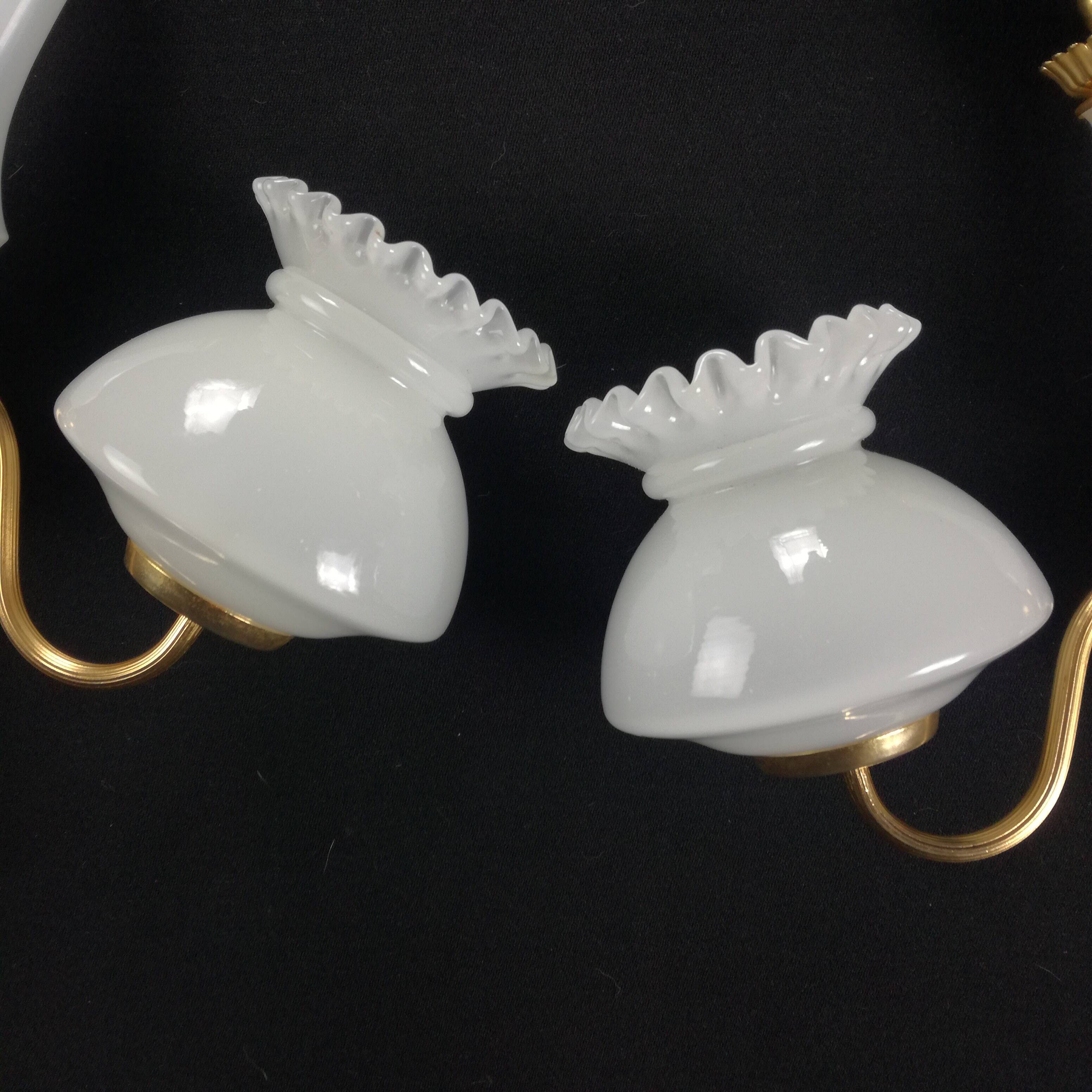 2 wall lights in gold metal and milky glass, swan neck