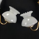 2 wall lights in gold metal and milky glass, swan neck