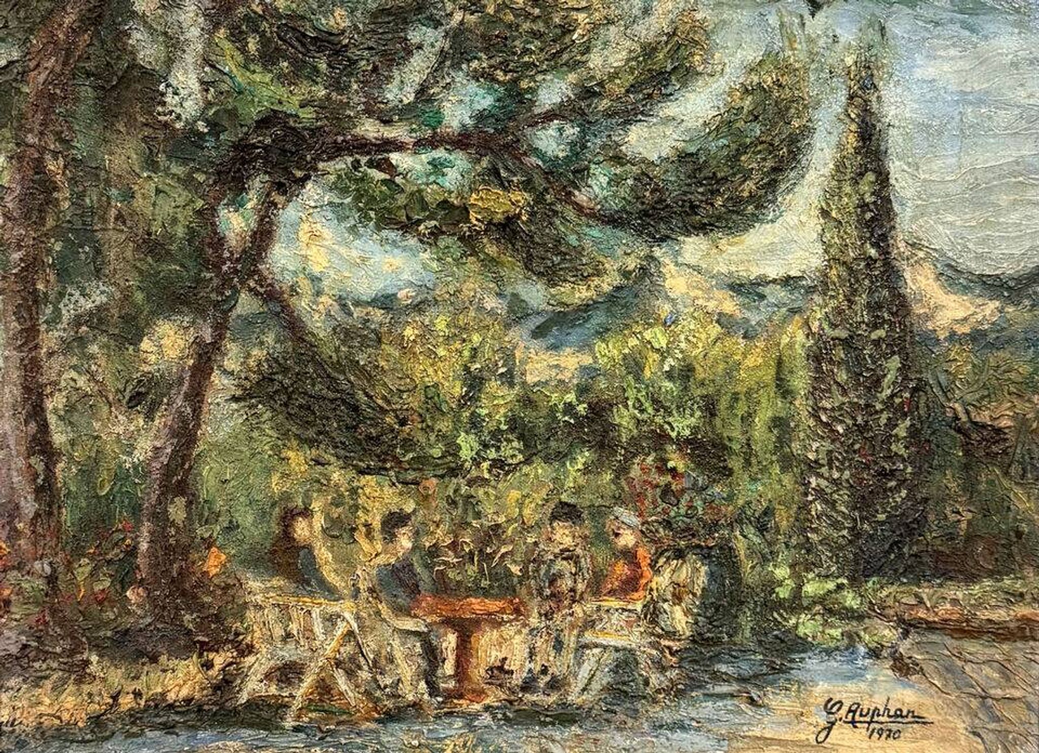 Georges Auphan 1970: huile sur toile figurant un paysage animé