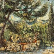 Georges Auphan 1970: huile sur toile figurant un paysage animé