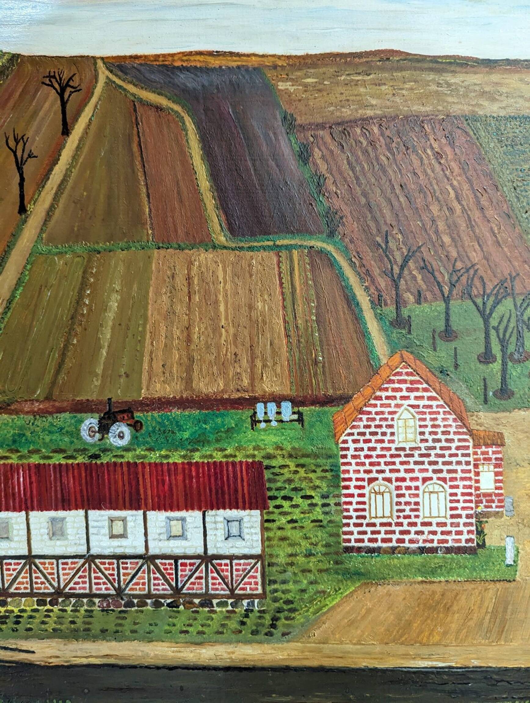 Mid-Century Modern "The Working Farm" Vintage Naïve Style Landscape Oil Painting, Framed