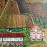 Mid-Century Modern "The Working Farm" Vintage Naïve Style Landscape Oil Painting, Framed