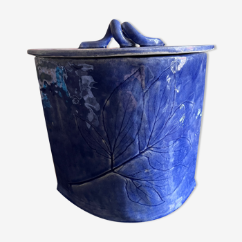 large covered blue ceramic pot