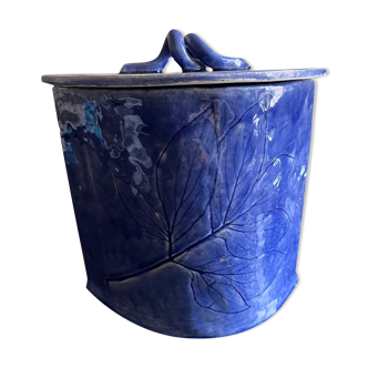 large covered blue ceramic pot