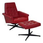 Red Faux Leather Swivel Chair and Footrest by Up Zavody 1970