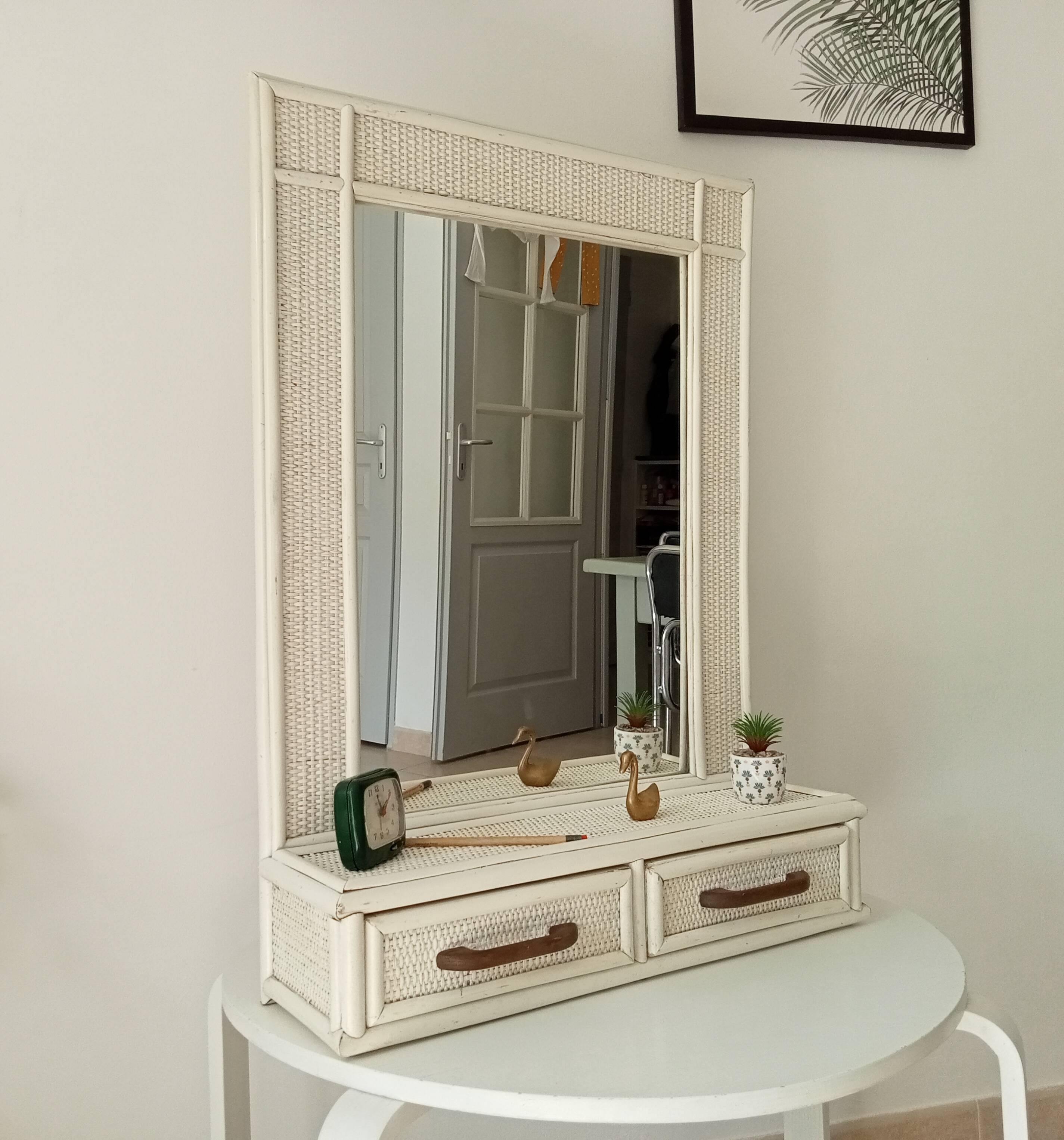 Grand miroir en rotin et canne vintage années 70