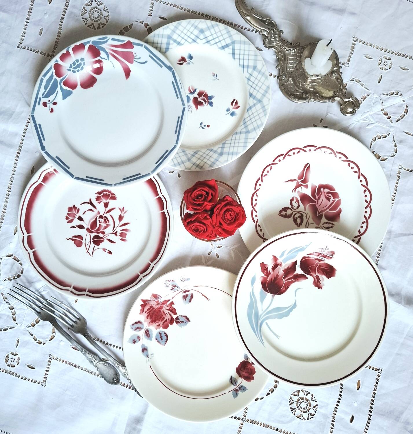 Mismatched antique flat plates in earthenware accompanied by a p