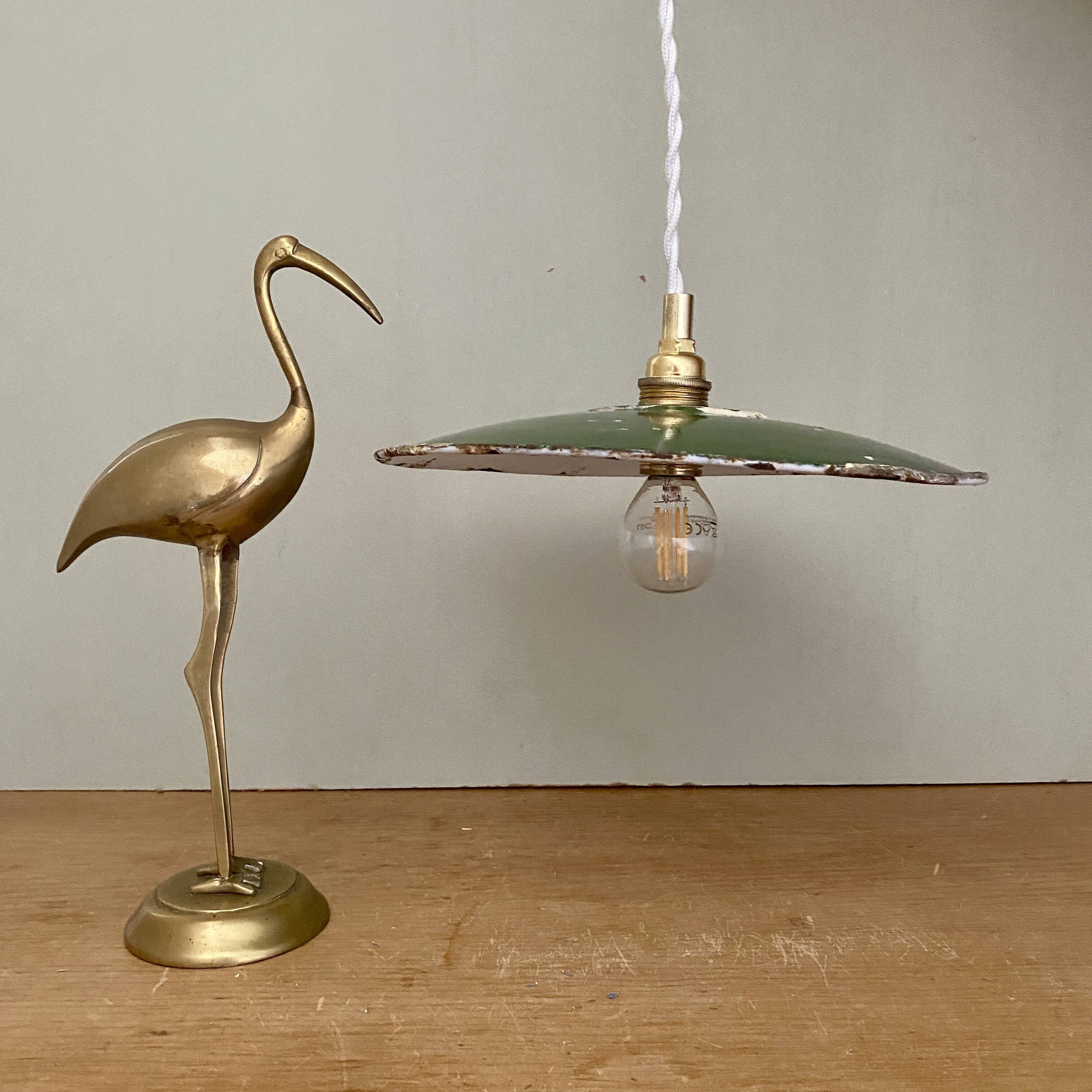 Vintage lampshade pendant light in green enameled sheet metal