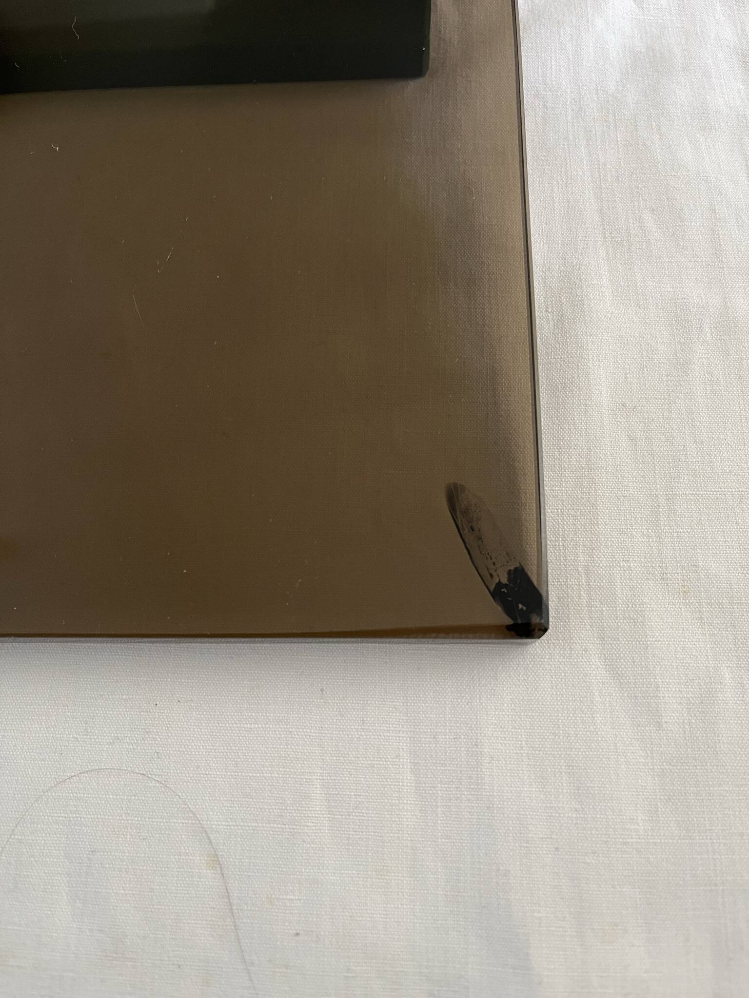 Brushed gold aluminum and smoked glass shelf from the 70s