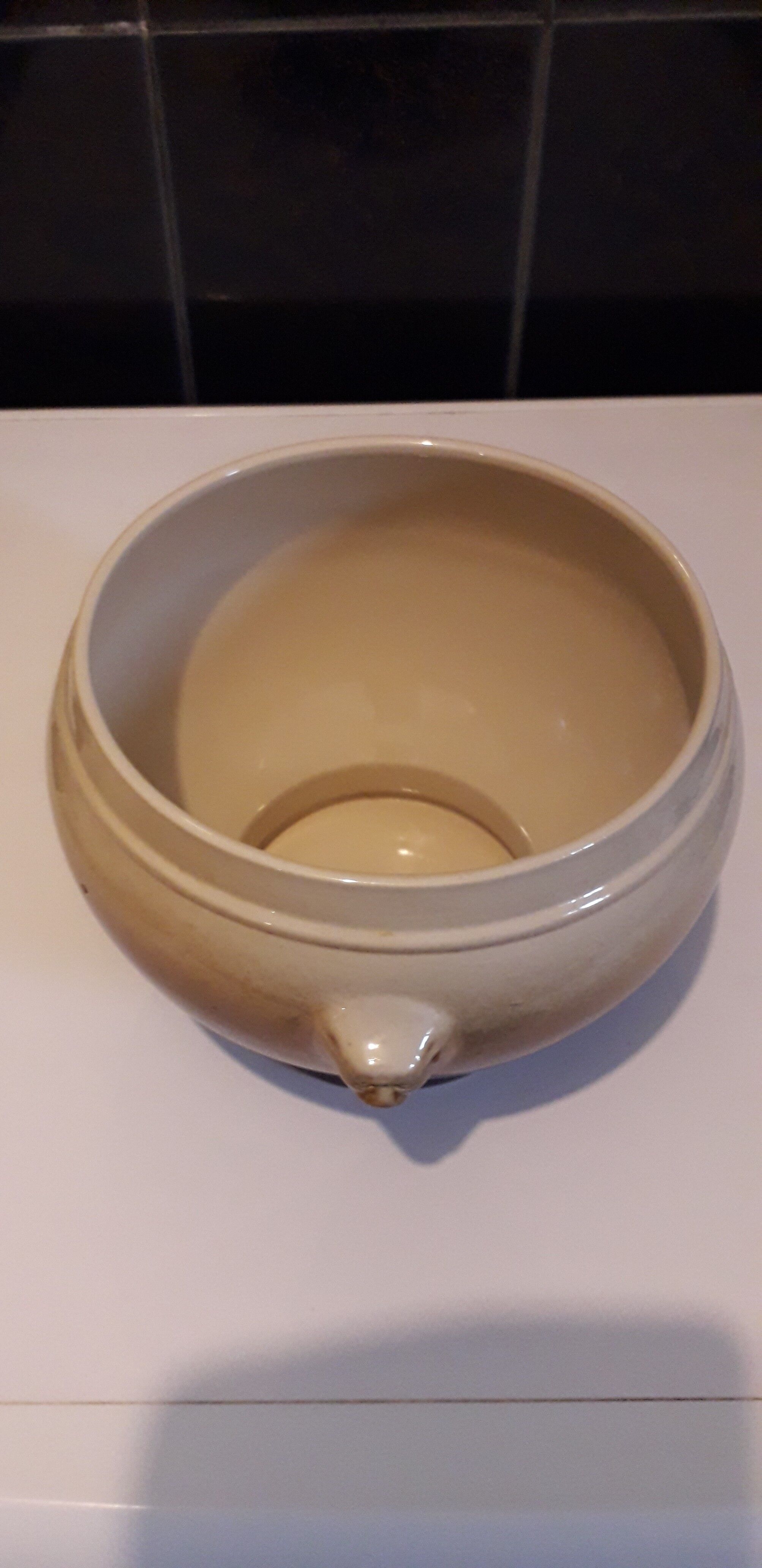 Large covered two-tone ceramic soup bowl with "lion's head" handles