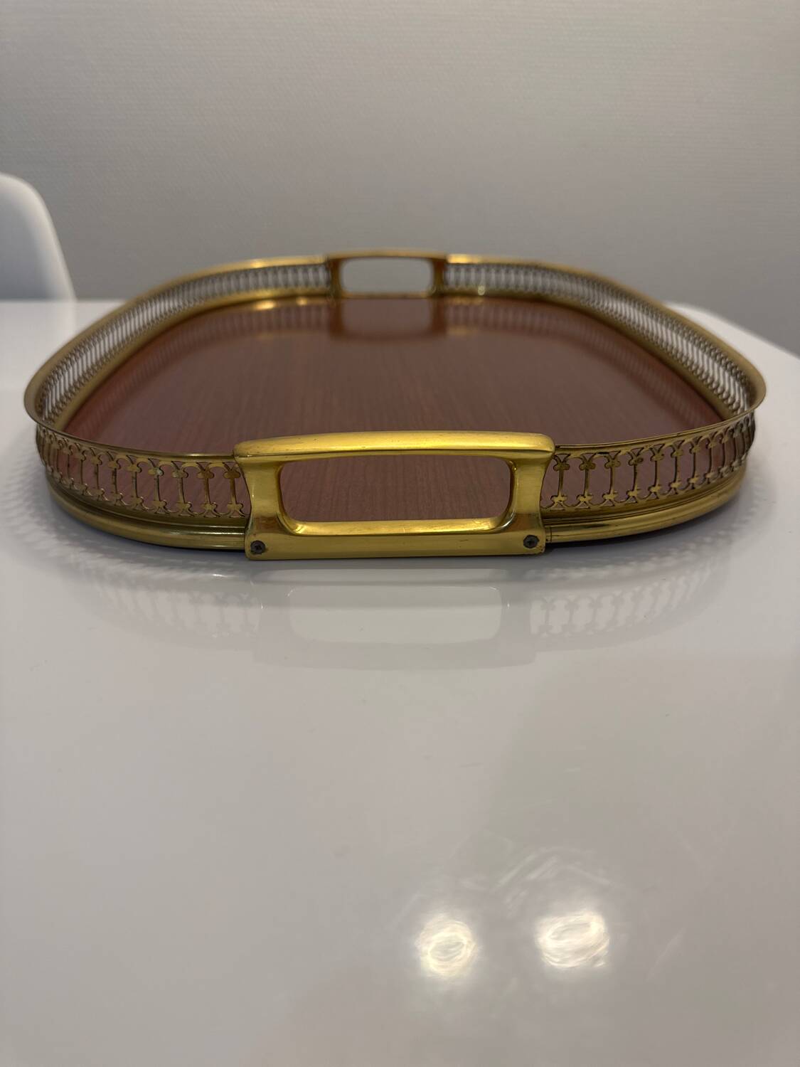 Vintage brass grand plateau – openwork gallery – 1970s