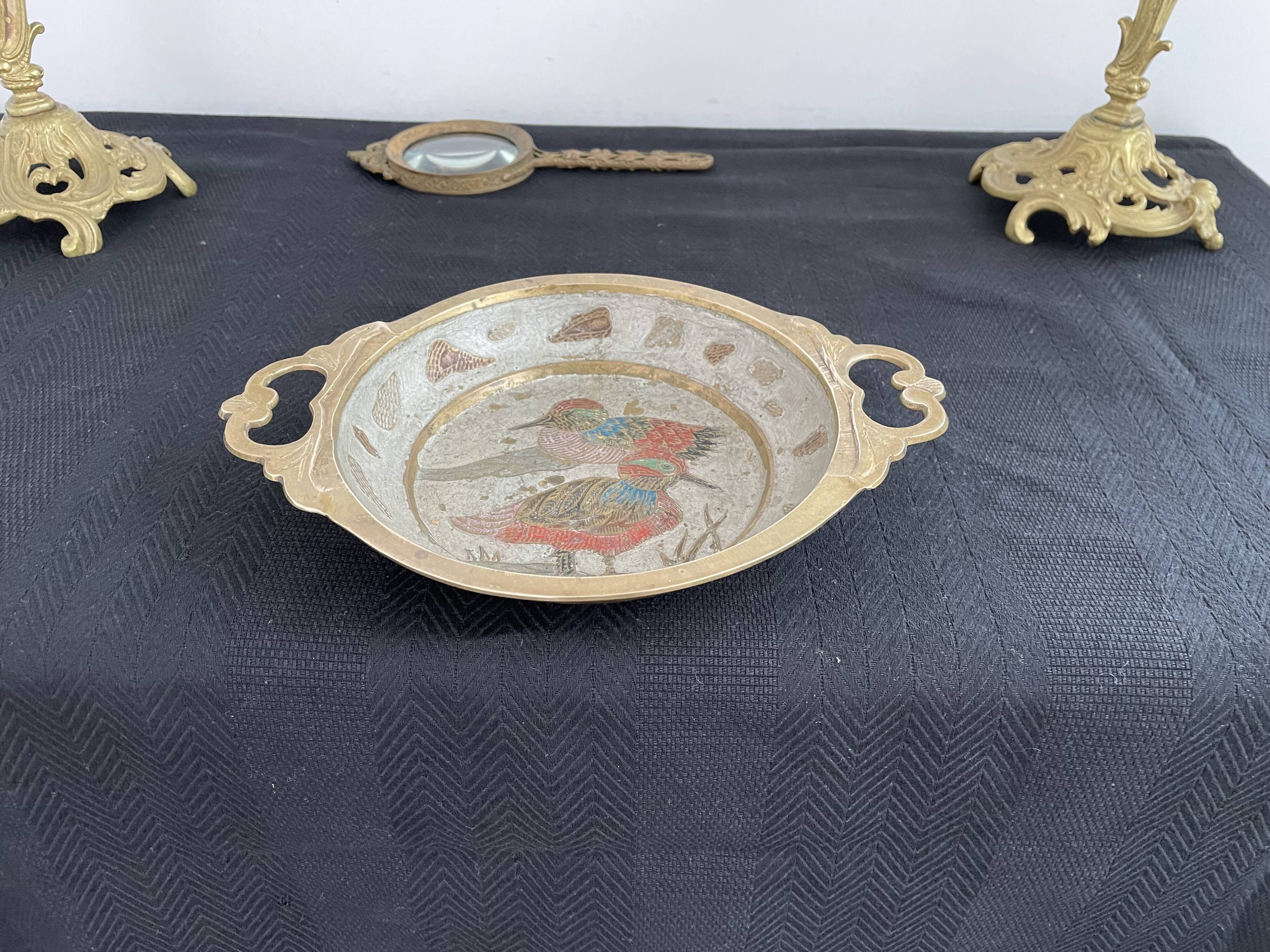 Antique chiseled brass cup - empty pocket - gold - gold color - painted birds - France