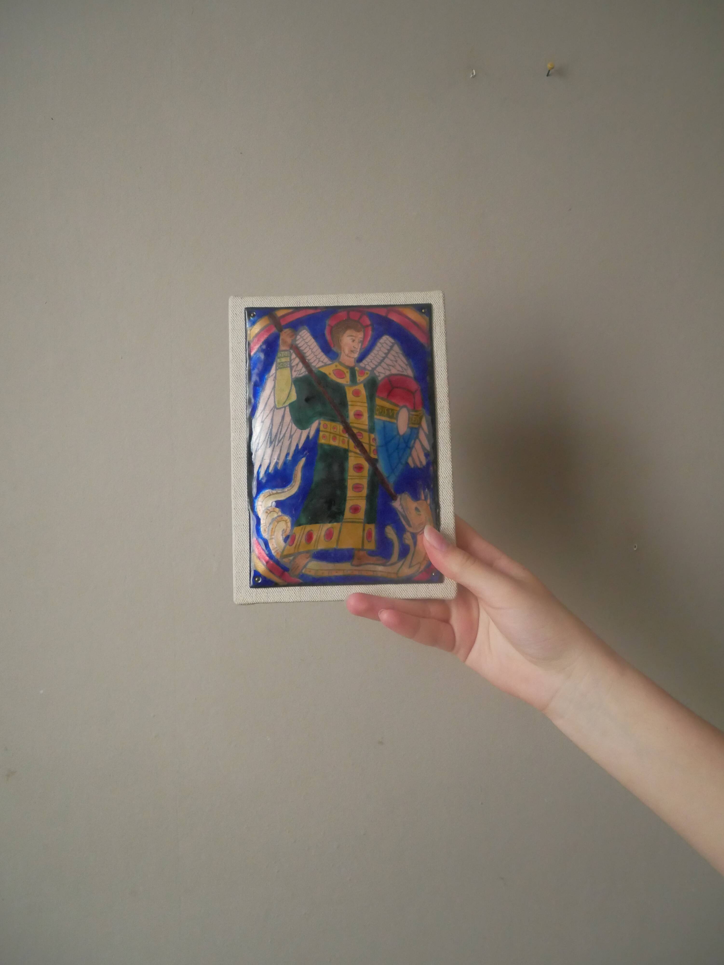 Enamel of the great fire of Saint Michael on a wooden frame religious object Saint Martin Abbey decoration frame