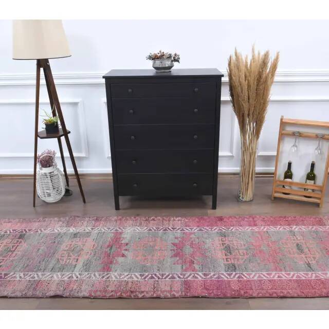 1970s vintage Turkish hand-knotted wool cotton red runner rug 91x354