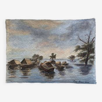 Tableau Aquarelle originale "bateau de pêche" Voyage signé de Rose Picard