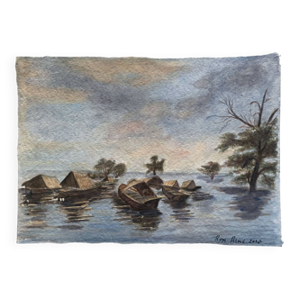 Tableau Aquarelle originale "bateau de pêche" Voyage signé de Rose Picard