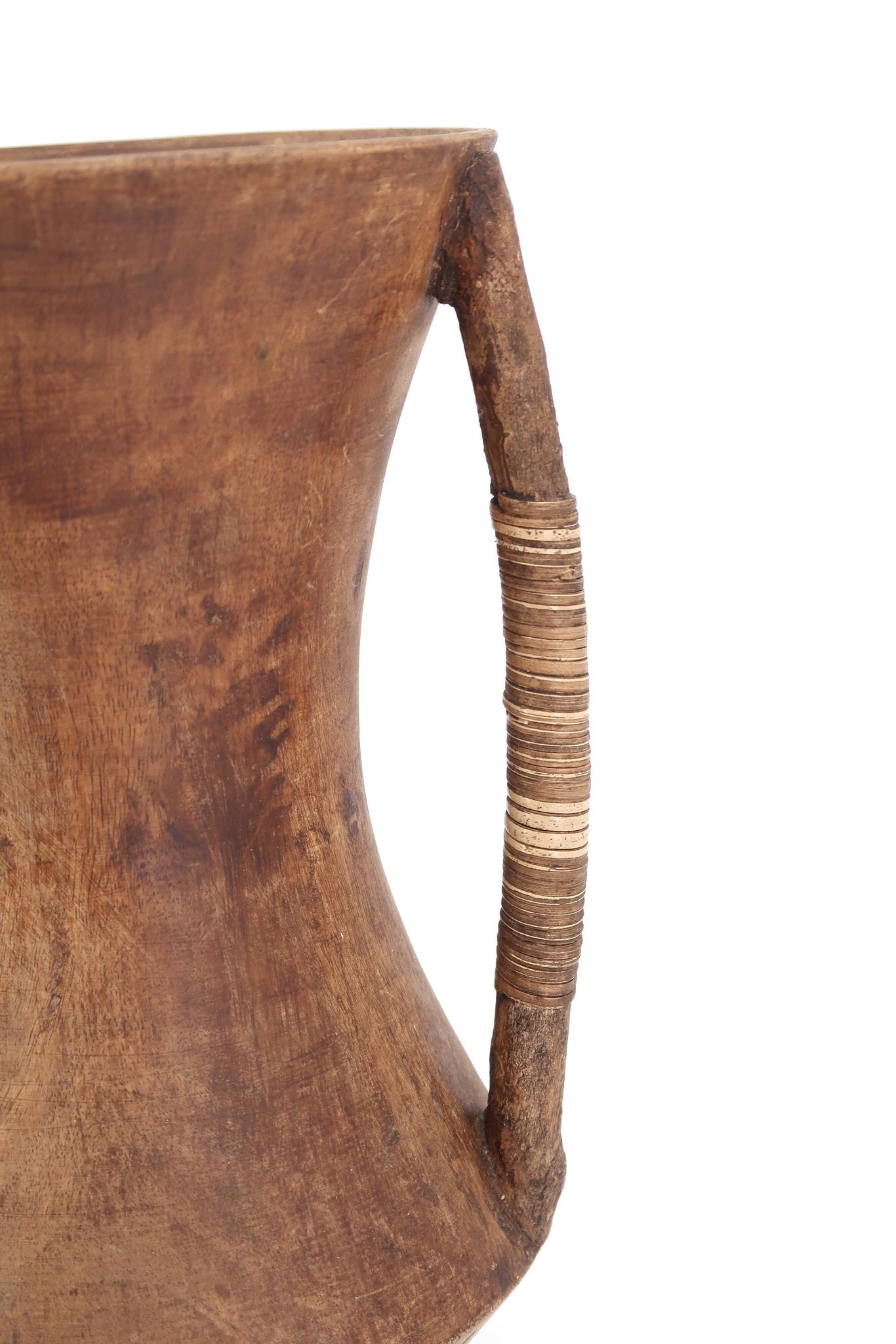 Large wooden vase, handles covered with wicker, 70s jar
