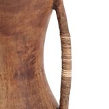 Large wooden vase, handles covered with wicker, 70s jar