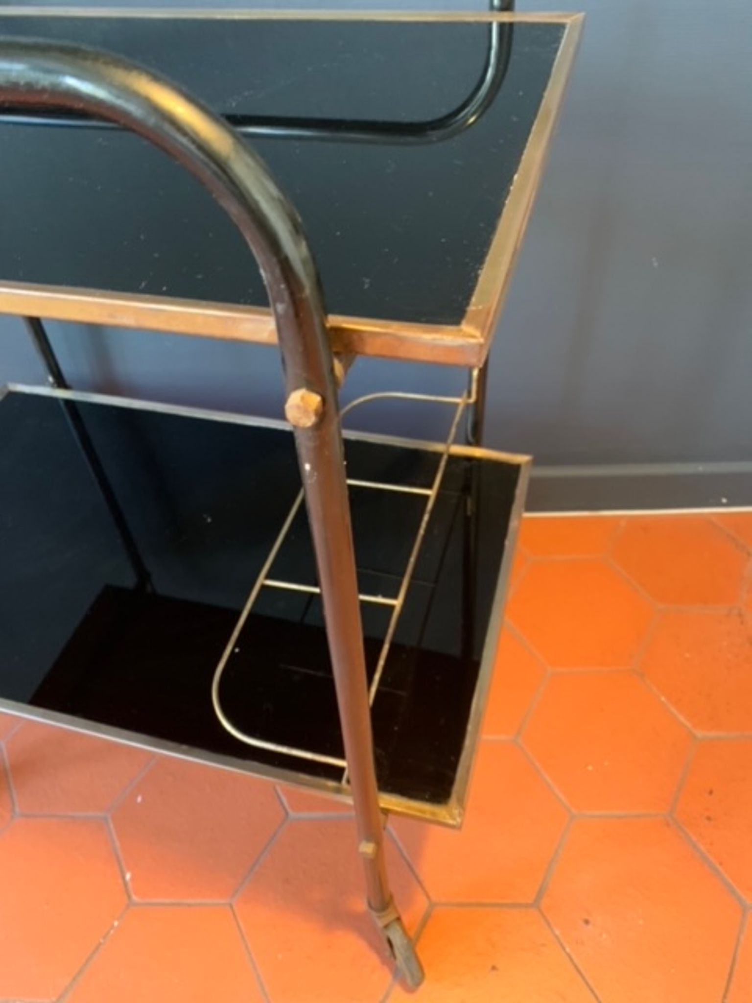 Bar service with wheels in black glass and gilded brass 50s