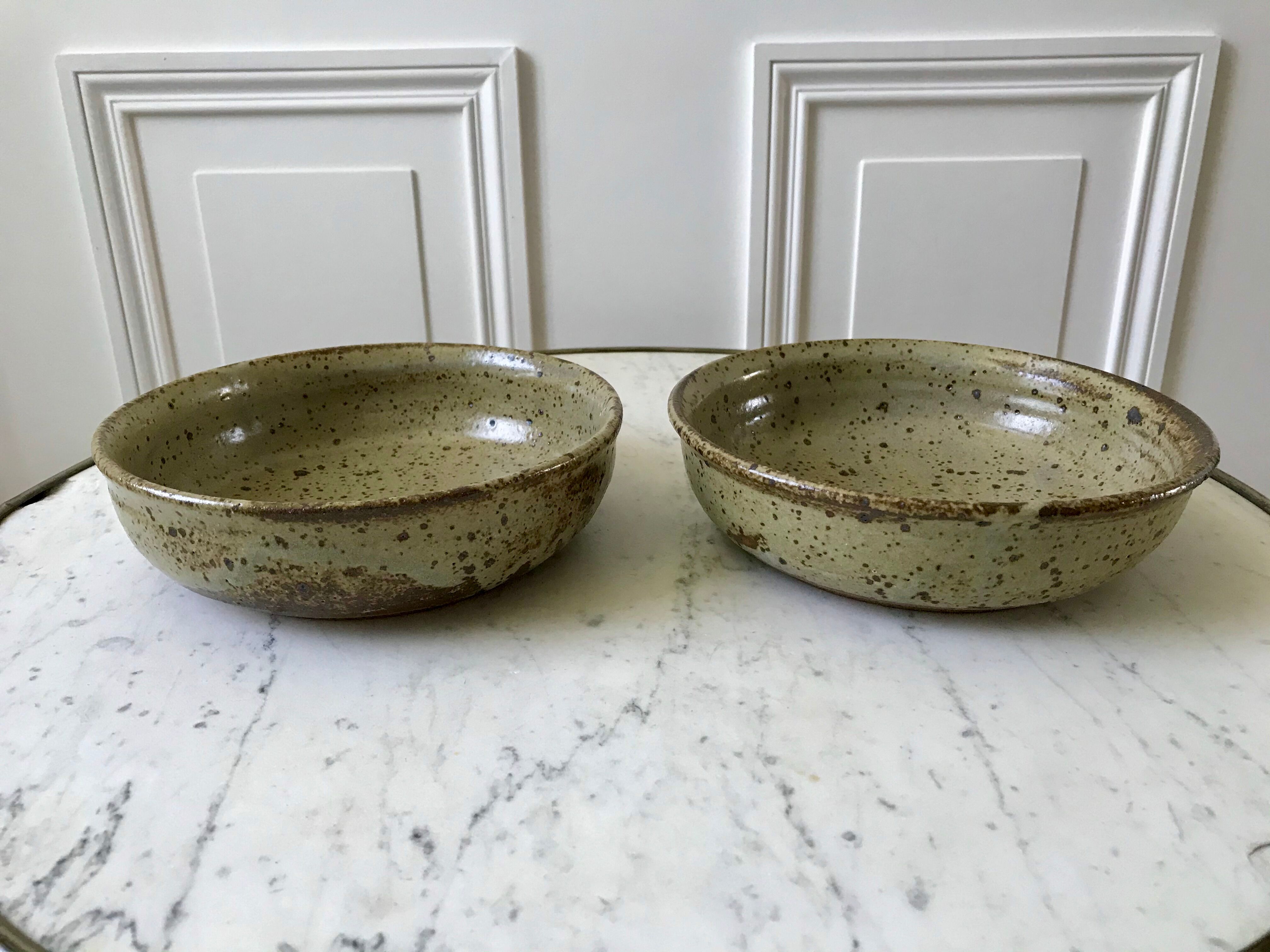 Pair of hollow stoneware plates artisanal pottery 60s-70s