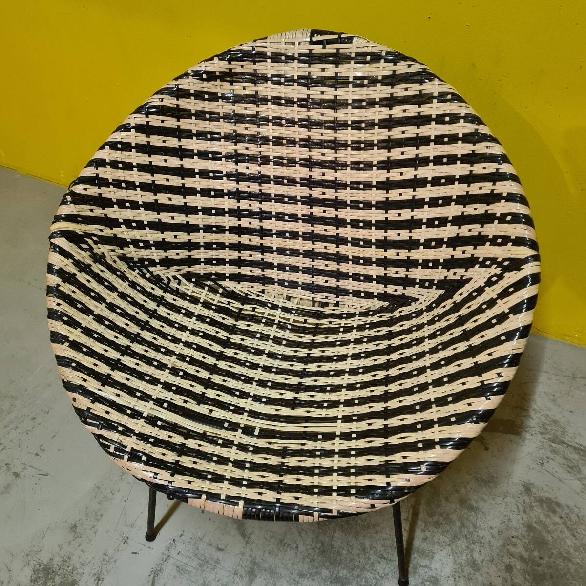 1960s Black and White Woven Round Bucket Chair