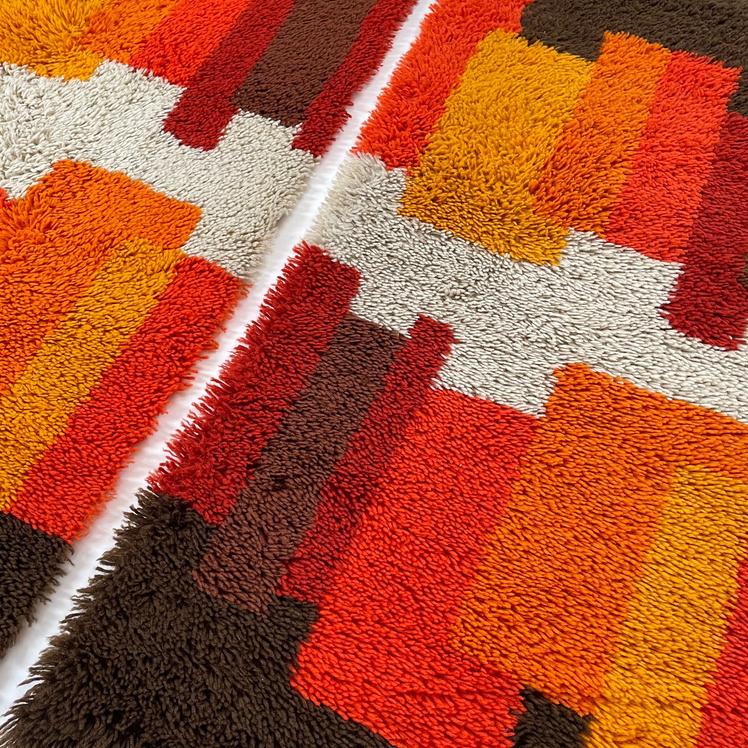 Set of 2 modernist multi-color high pile rya rug by desso, netherlands, 1970s