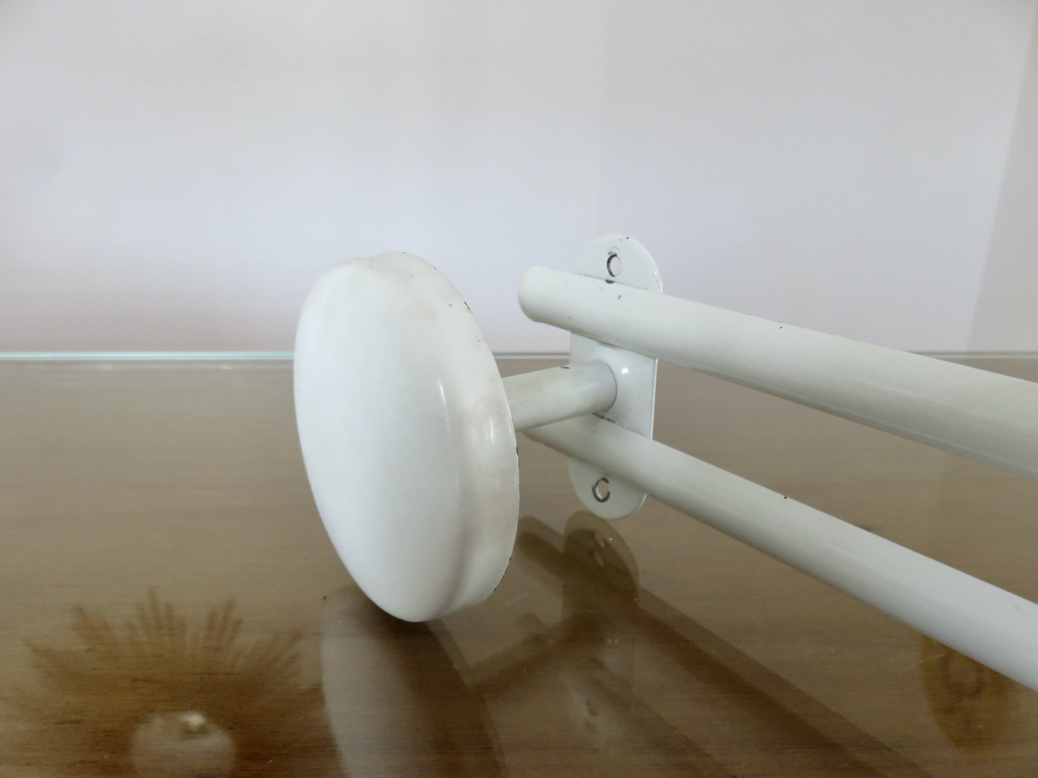 White lacquered metal wall coat rack, 3 hooks, 70s-80s