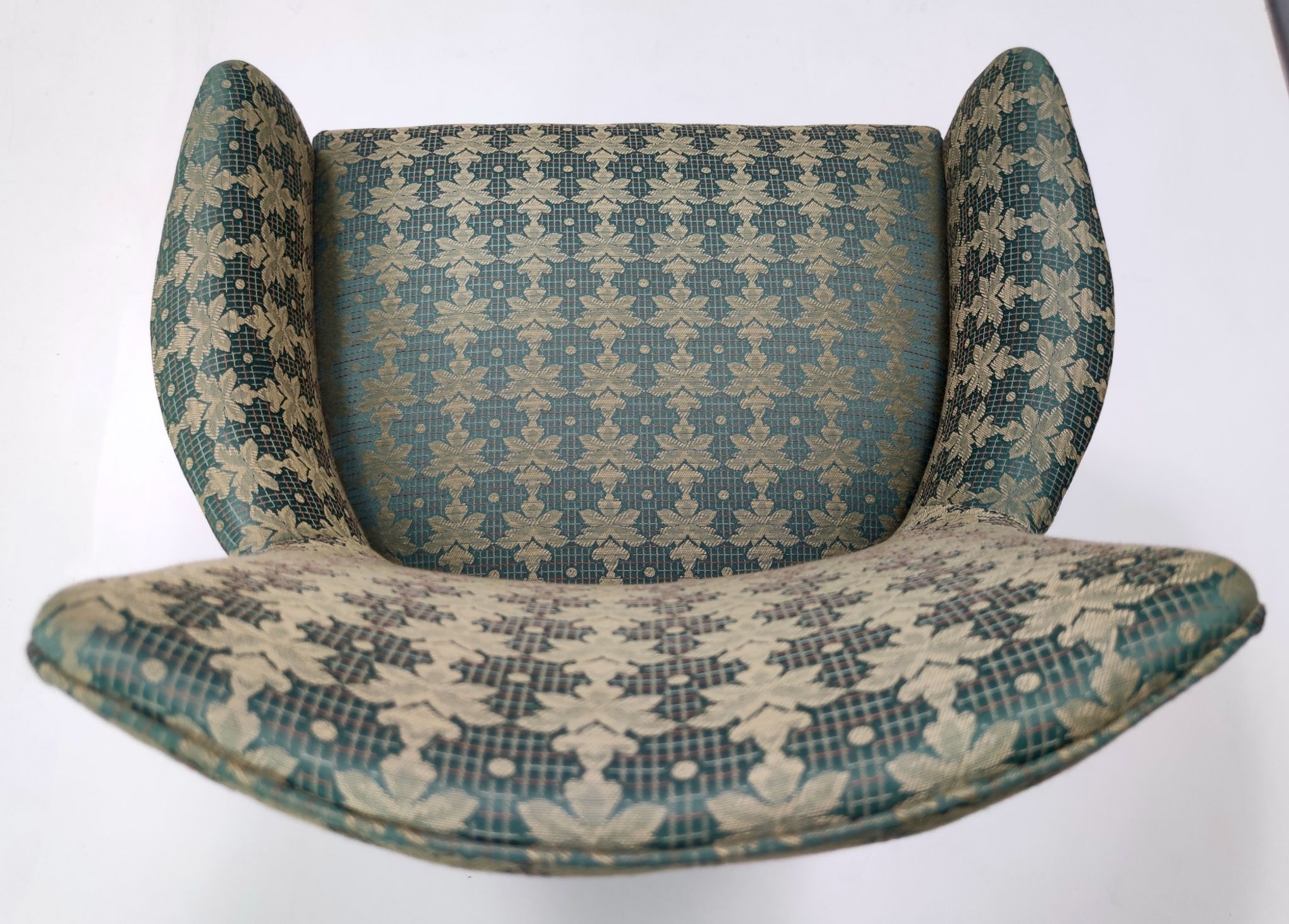 Green fabric and beech armchairs, italy
