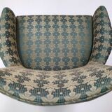 Green fabric and beech armchairs, italy