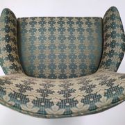 Green fabric and beech armchairs, italy