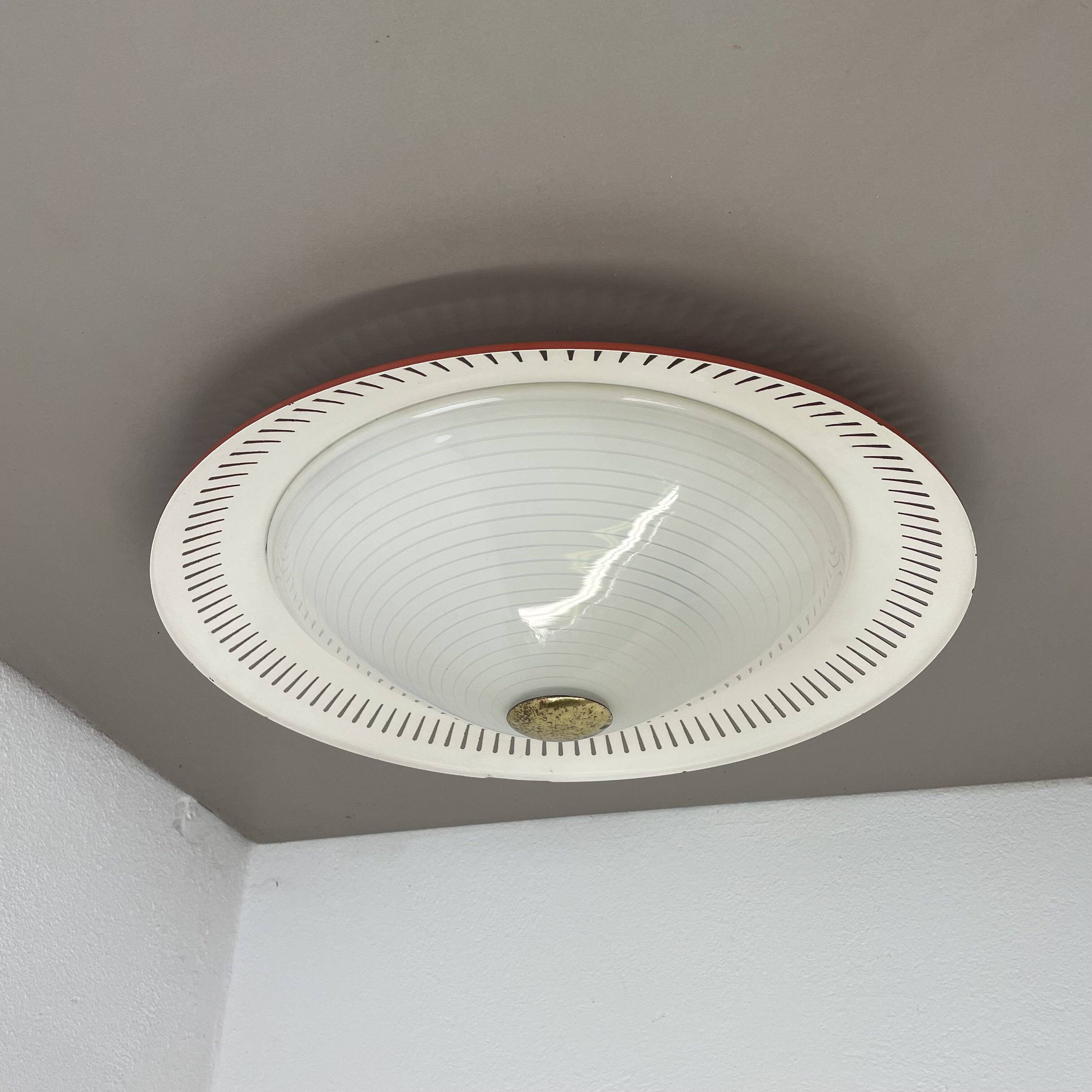 Modernist Stilnovo Style Metal glass Ceiling Flushmount Light, Italy 1950s